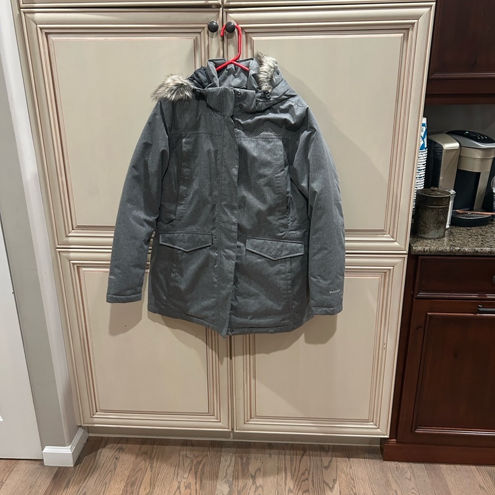 Eddie Bauer Silver Lining Waterproof Stadium Coat Gray Faux Fur Hood